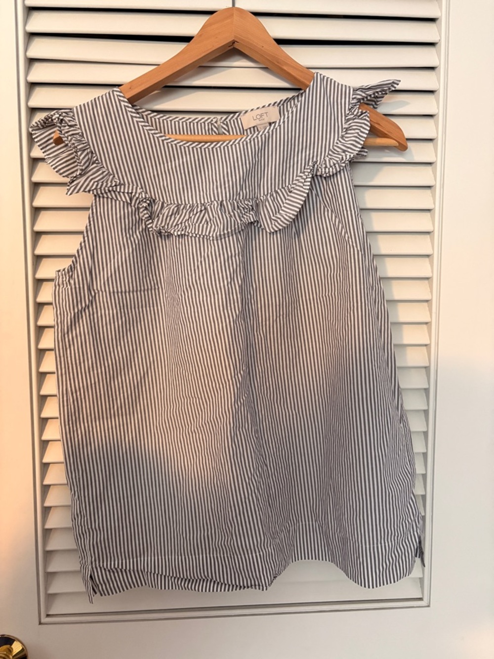 LOFT Grey & White Striped Ruffle Tank Top